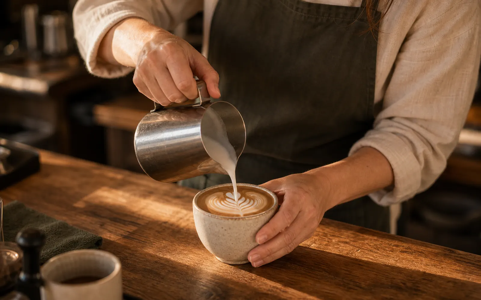 Latte Art wird in eine Tasse auf dem Holztresen gegossen
