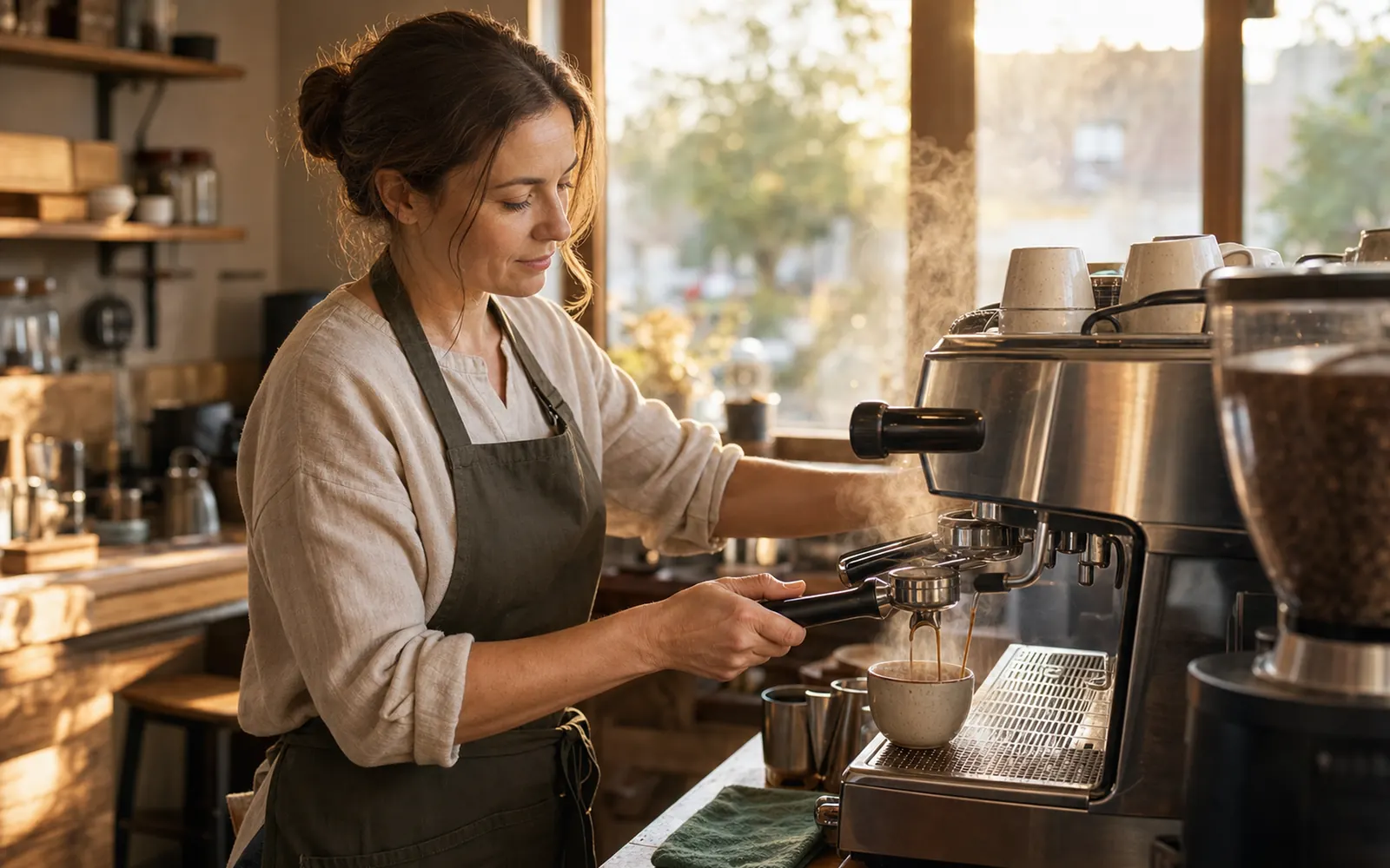 Barista bereitet am Siebträger einen Espresso zu, Dampf im warmen Gegenlicht