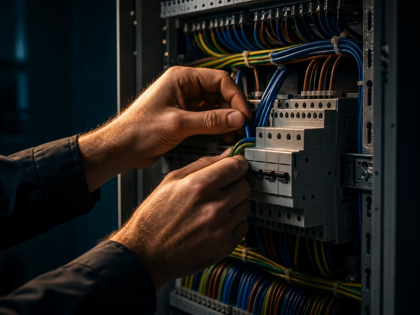Elektriker verdrahtet einen modernen Verteilerschrank