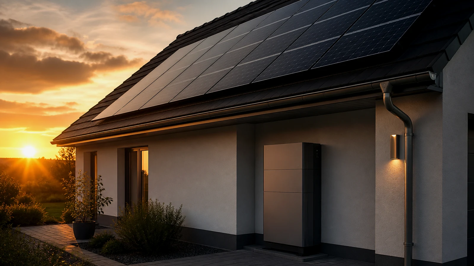 Photovoltaik auf einem modernen Hausdach mit Speicher