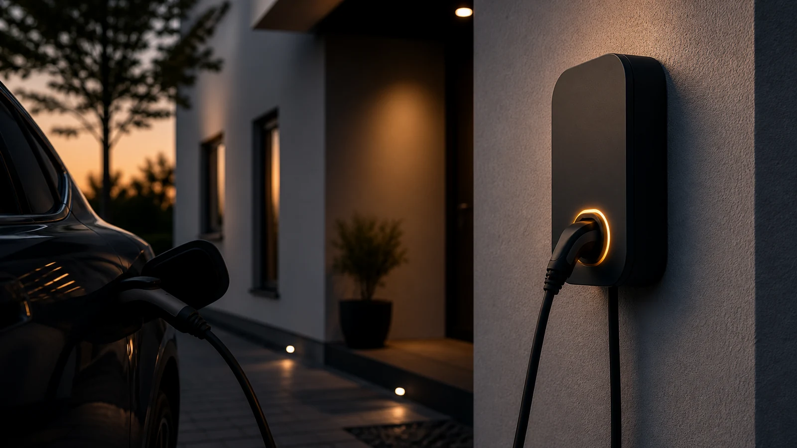 E-Auto lädt an einer Wallbox an der Hauswand