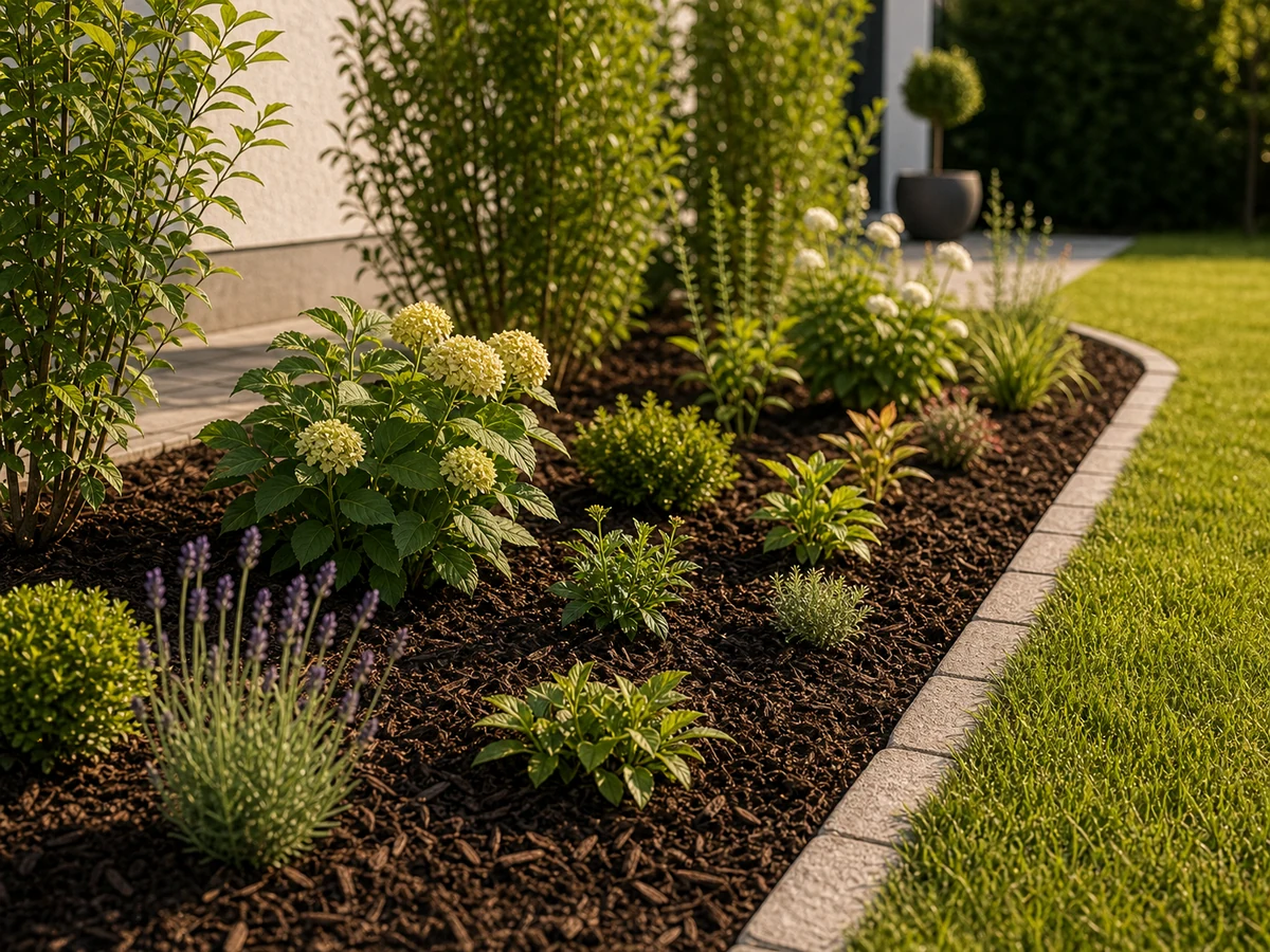 Neu angelegter Garten mit frischen Beeten und Rollrasen