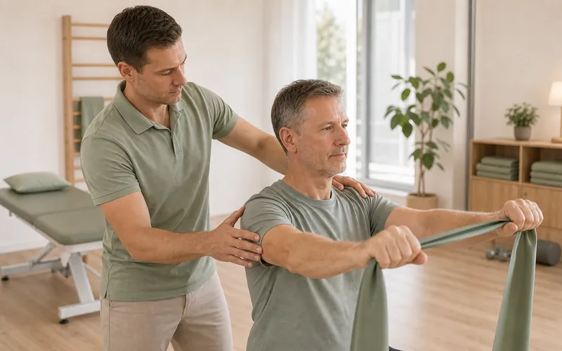 Therapeut leitet einen Patienten an den Trainingsgeräten an