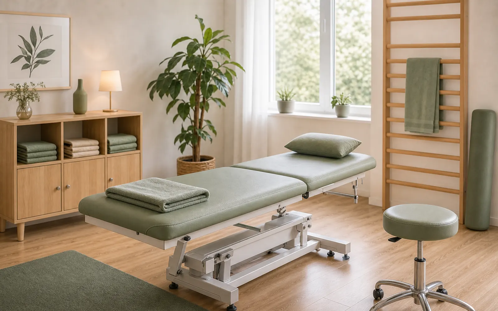 Heller Behandlungsraum mit Liege und Pflanze