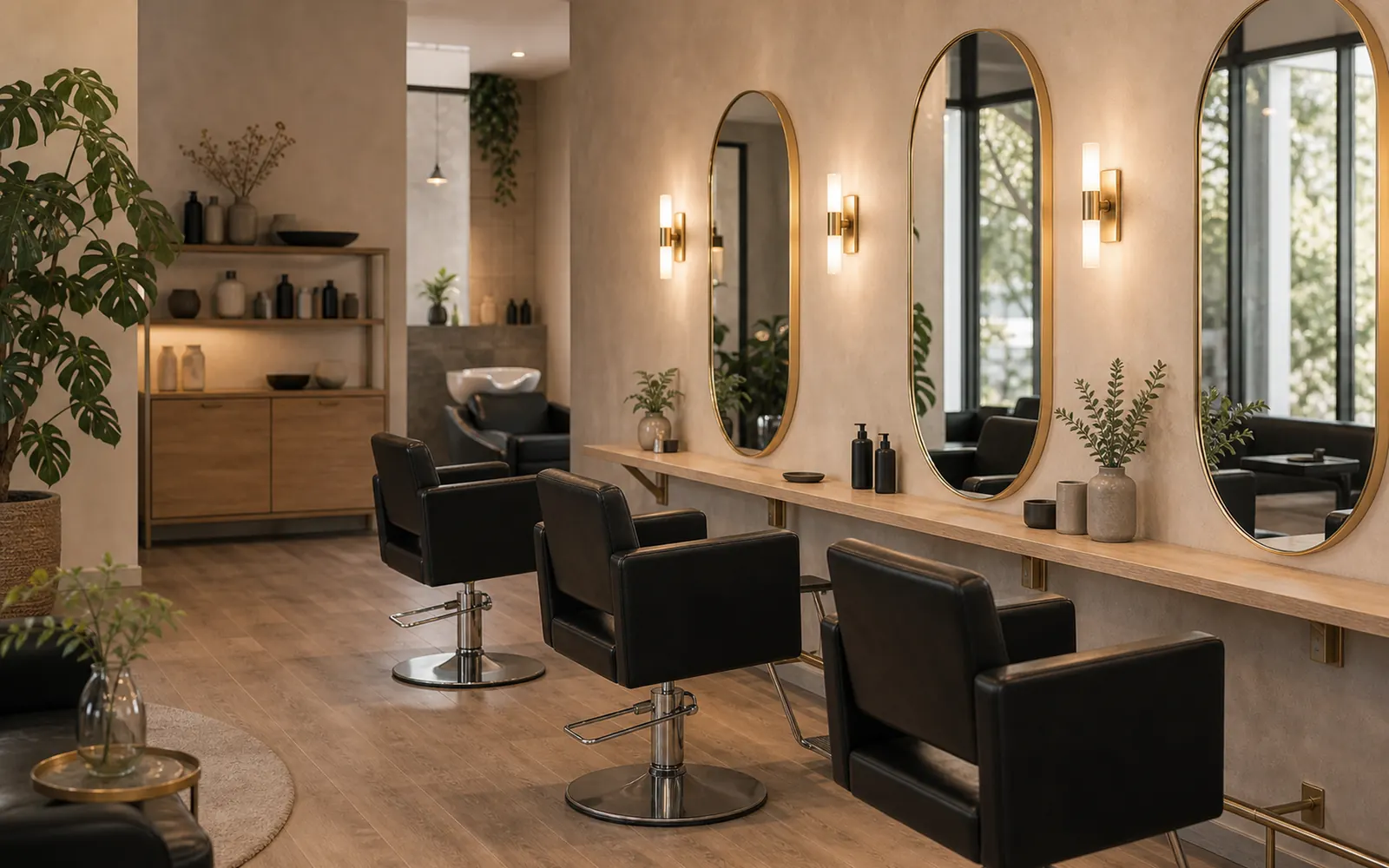 Leerer Salon am Morgen mit Spiegeln und Pflanzen