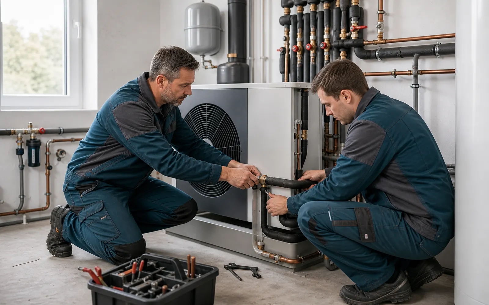 Zwei Monteure richten eine moderne Wärmepumpe im Technikraum ein