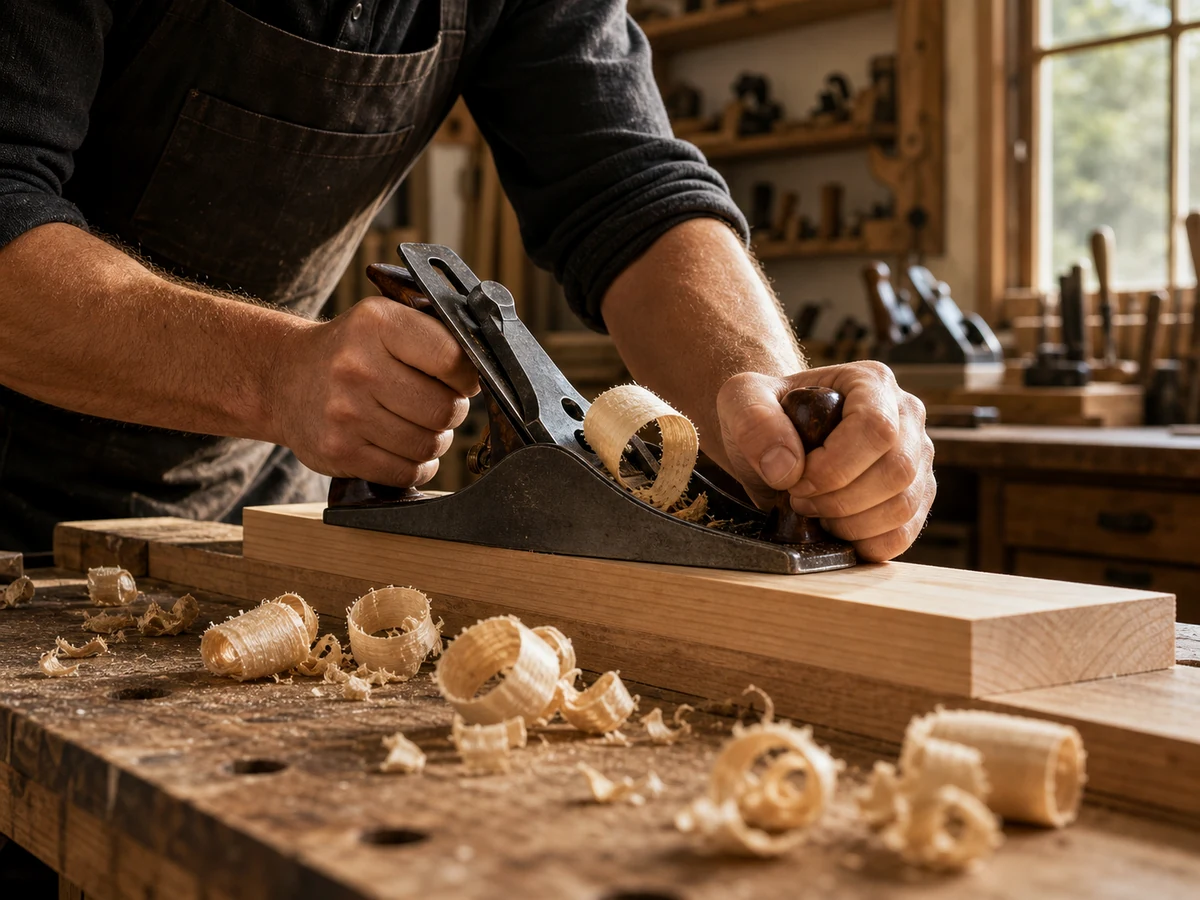 Schreiner hobelt ein Brett in der Werkstatt