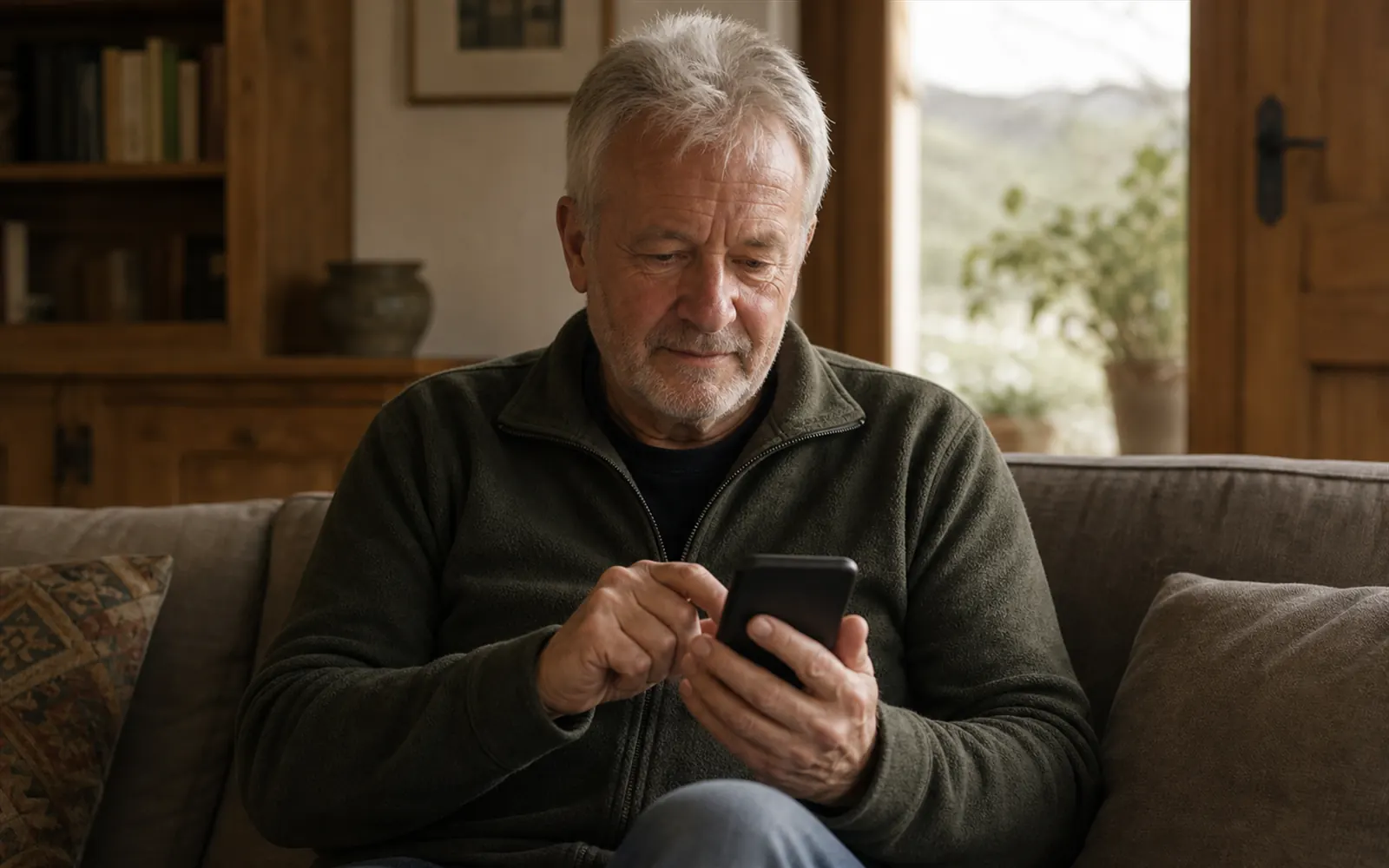 Älterer Mann nutzt entspannt sein Smartphone im Wohnzimmer