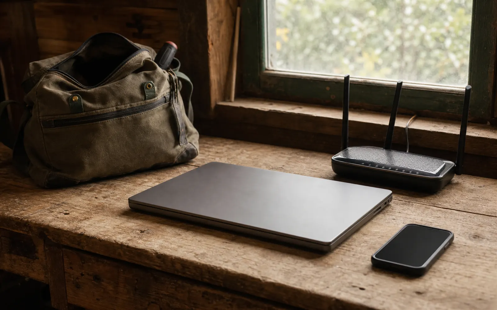 Werkzeugtasche, geschlossener Laptop und WLAN-Router am Fenster