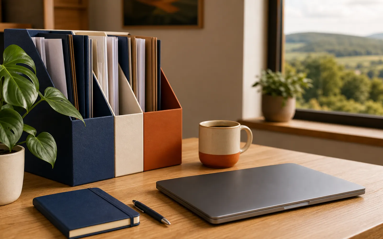 Aufgeräumter Schreibtisch mit Ordnern, Pflanze und geschlossenem Laptop