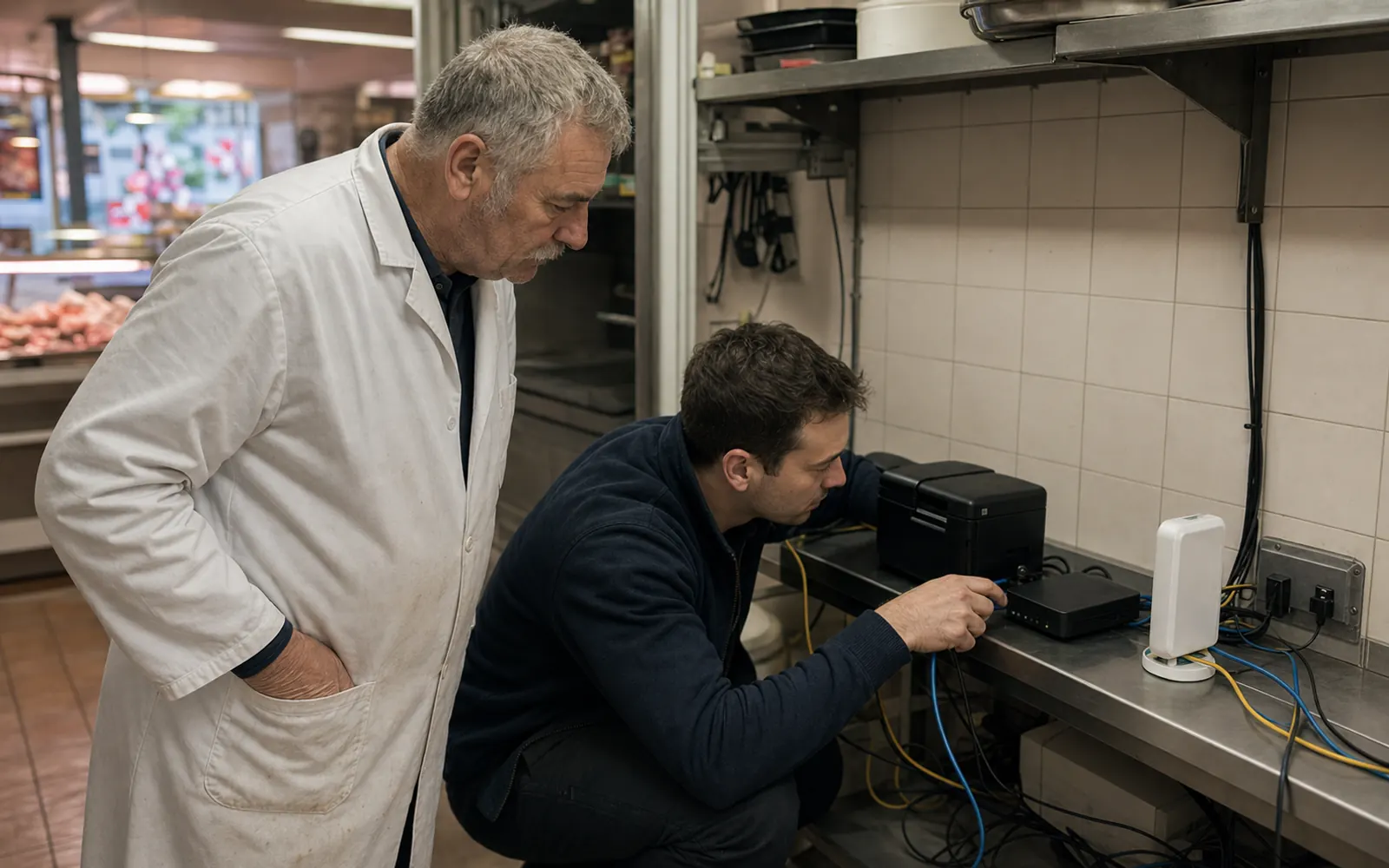 IT-Hilfe im Backoffice eines kleinen Lebensmittelbetriebs an Router und Drucker