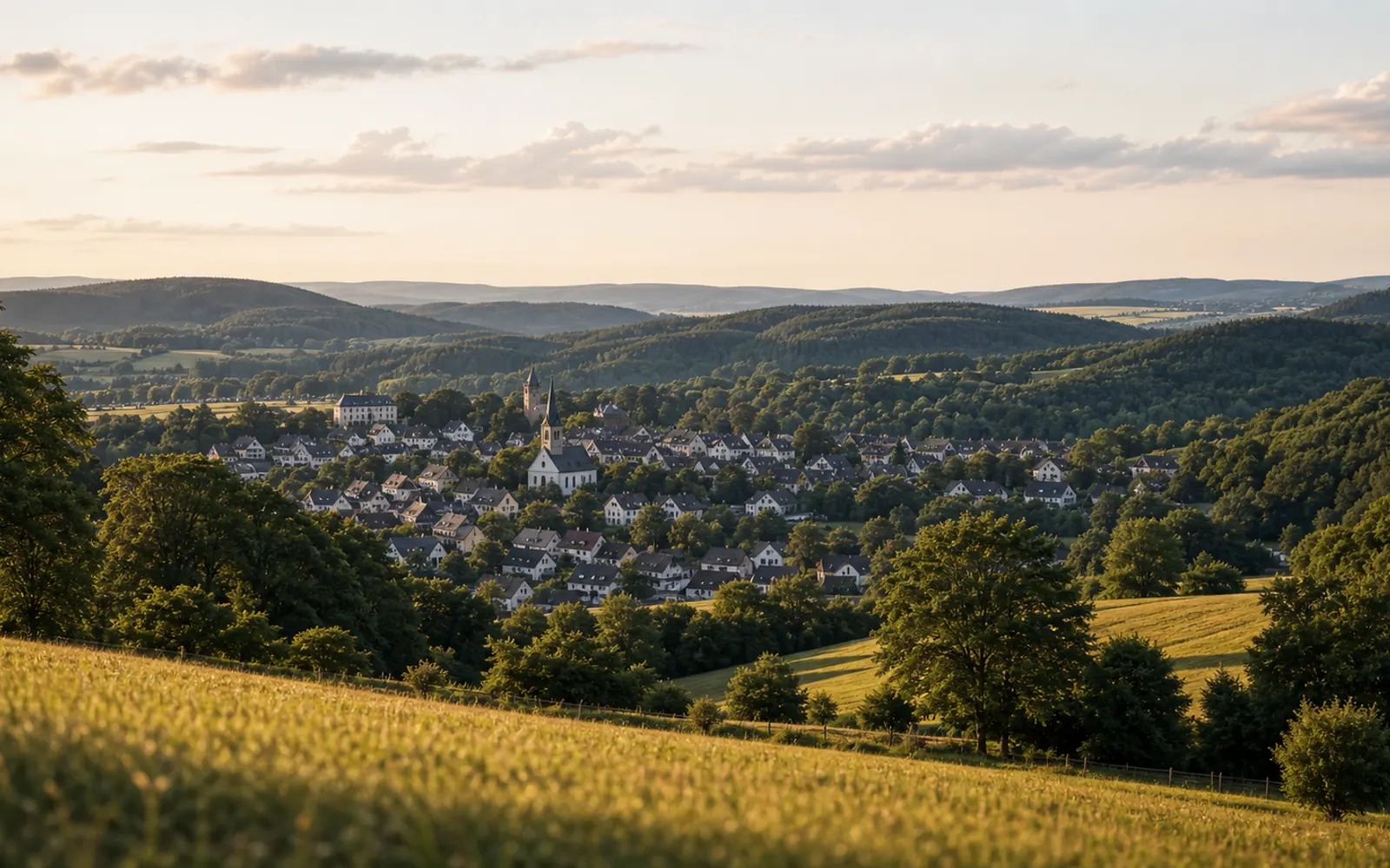 Warme Westerwald-Landschaft mit Hügeln und Dorf rund um Hachenburg